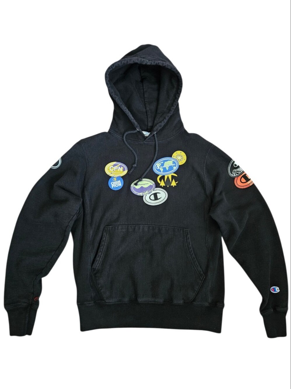 Champion Patch Logo Black Pullover Hoodie Reverse Weave Small Skater Thrashed